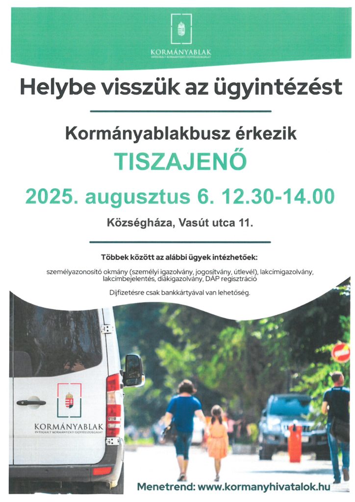 Kormányablakbusz menetrend 2025. augusztus
